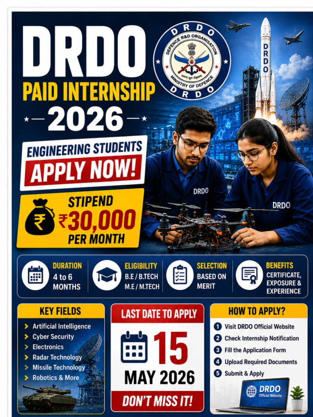 DRDO Paid Internship 2026: ₹30,000 Stipend for Engineering Students, Apply Online Before Last Date